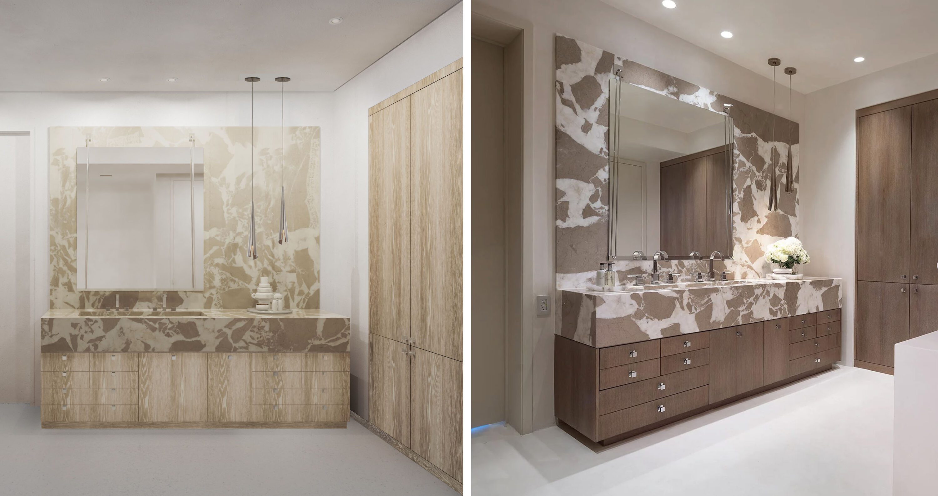 Modern luxurious bathroom with elegant marble finishes, warm lighting, and minimalist design by Tatem Interiors.