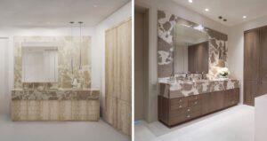 Modern luxurious bathroom with elegant marble finishes, warm lighting, and minimalist design by Tatem Interiors.