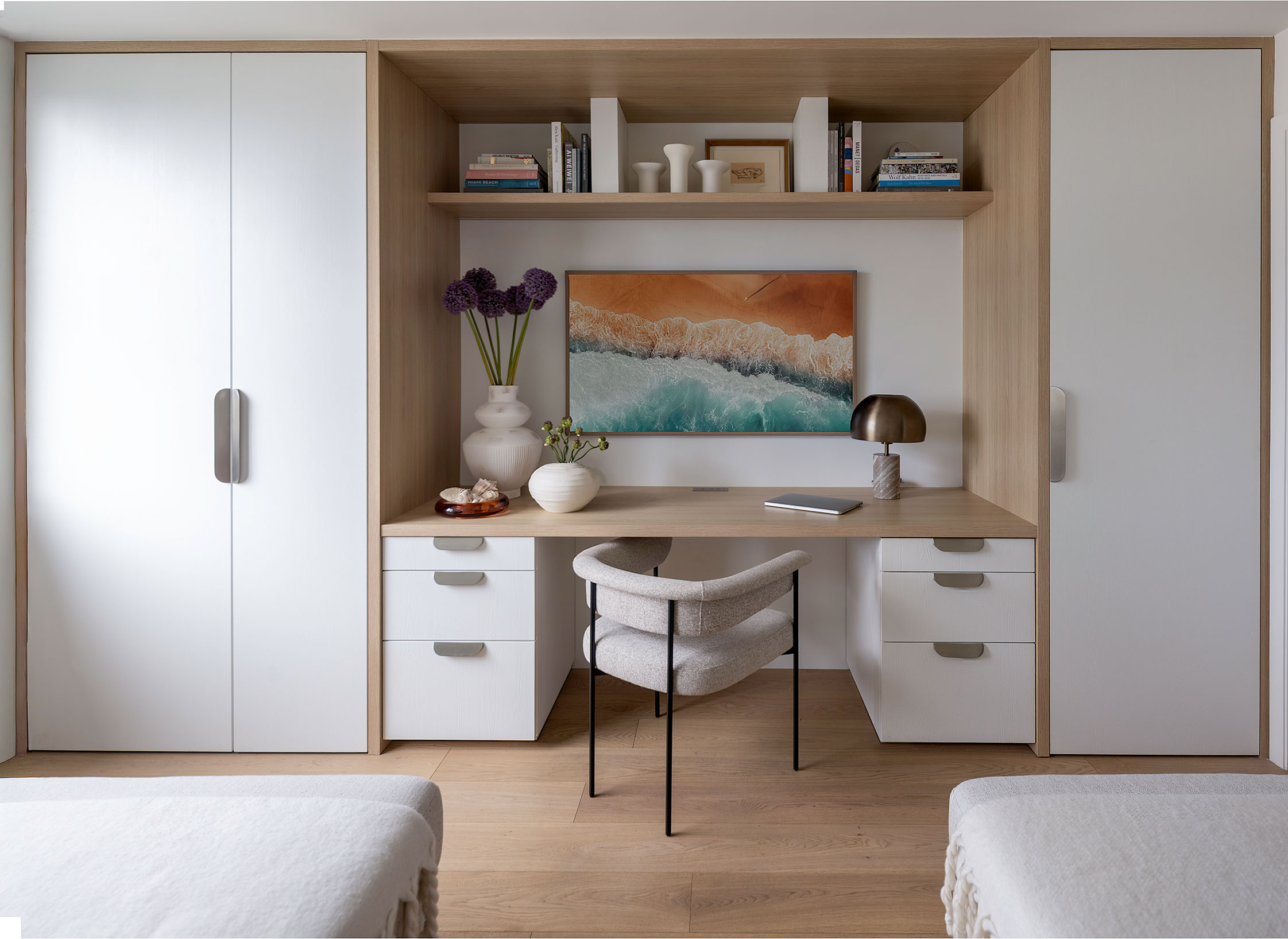 Luxury Interior Design Miami Beach | TATEM Interiors 3 Miami interior design primary bedroom with upholstered daybed nook, linen drapery, and layered neutral textures